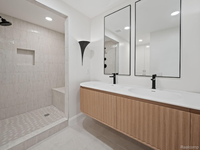 1756 Alexander Dr, Bloomfield Hills, MI 48302 - bathroom with tile patterned flooring, tiled shower, double vanity, and recessed lighting