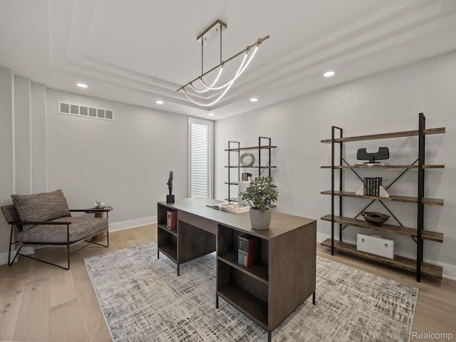 1756 Alexander Dr, Bloomfield Hills, MI 48302 - office with recessed lighting, light wood-type flooring, baseboards, and a tray ceiling