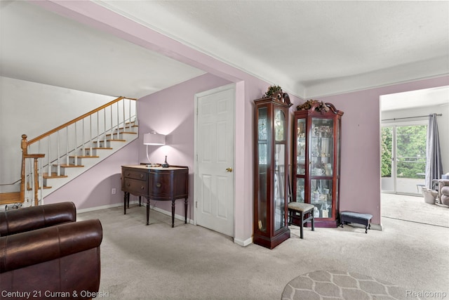 3128 Woodside Dr, Dearborn, MI 48124 - living room with carpet floors, stairway, and baseboards