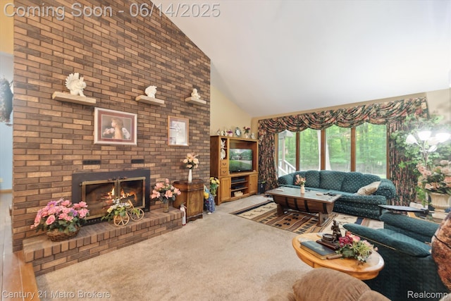 14210 W Burt Rd W, Chesaning, MI 48616 - carpeted living room with high vaulted ceiling and a fireplace