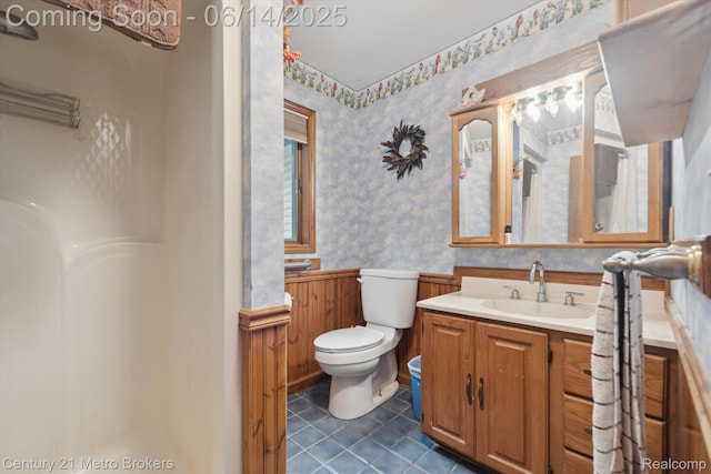 14210 W Burt Rd W, Chesaning, MI 48616 - full bathroom with a wainscoted wall, wallpapered walls, vanity, tile patterned floors, and a shower