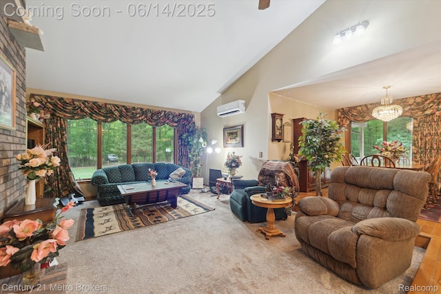 14210 W Burt Rd W, Chesaning, MI 48616 - living area with high vaulted ceiling, a chandelier, a wall mounted AC, plenty of natural light, and a brick fireplace