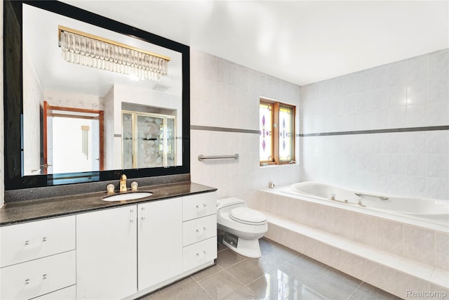 1870 Cass Lake Front Rd, Keego Harbor, MI 48320 - full bath with tile walls, toilet, vanity, a garden tub, and a stall shower