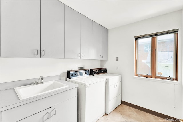 1870 Cass Lake Front Rd, Keego Harbor, MI 48320 - laundry area featuring washer and dryer, cabinet space, light tile patterned flooring, and baseboards