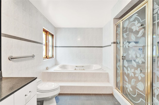 1870 Cass Lake Front Rd, Keego Harbor, MI 48320 - full bath with tile walls, a bath, vanity, tile patterned flooring, and toilet