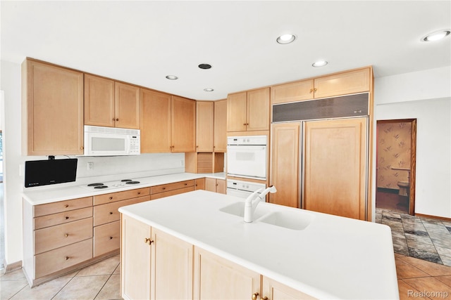 1870 Cass Lake Front Rd, Keego Harbor, MI 48320 - kitchen with light brown cabinetry, white appliances, a sink, recessed lighting, and light countertops