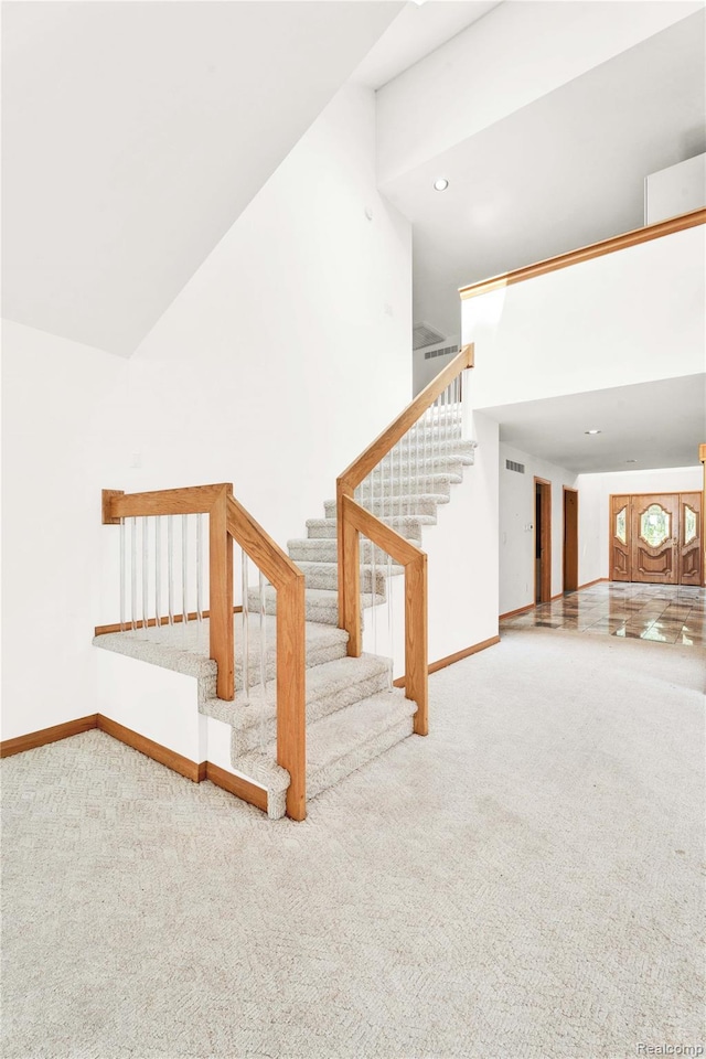 1870 Cass Lake Front Rd, Keego Harbor, MI 48320 - stairway with baseboards, carpet flooring, and recessed lighting