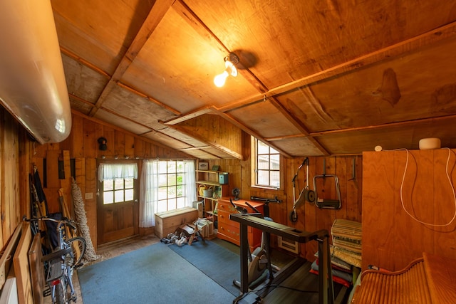 8425 Parshallville Rd, Fenton, MI 48430 - office space with lofted ceiling, wood walls, and wooden ceiling