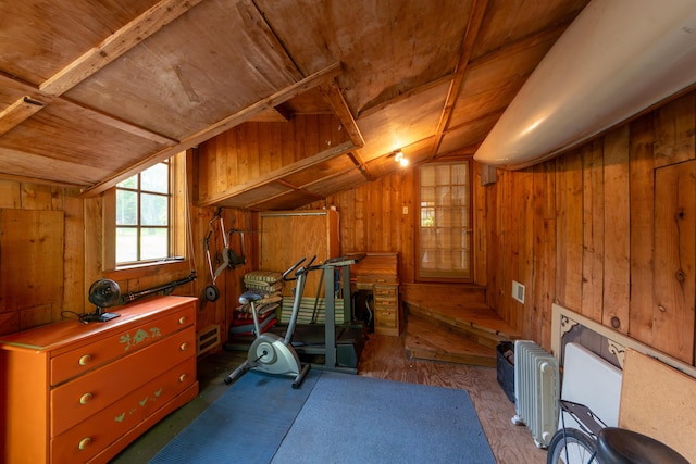 8425 Parshallville Rd, Fenton, MI 48430 - bedroom with lofted ceiling, wood ceiling, and wooden walls