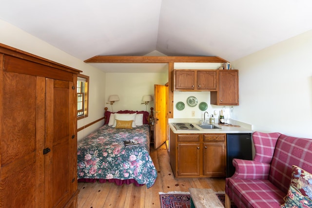 8425 Parshallville Rd, Fenton, MI 48430 - bedroom featuring a sink, light wood-style floors, and vaulted ceiling