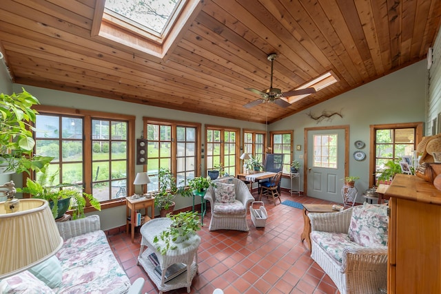 8425 Parshallville Rd, Fenton, MI 48430 - sunroom / solarium featuring french doors, a skylight, wooden ceiling, tile patterned floors, and ceiling fan