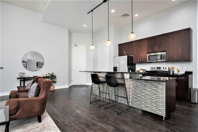 335 Bridge St NW Unit 500, Grand Rapids, MI 49504 - kitchen with appliances with stainless steel finishes, dark brown cabinets, dark wood-type flooring, a kitchen breakfast bar, and a high ceiling