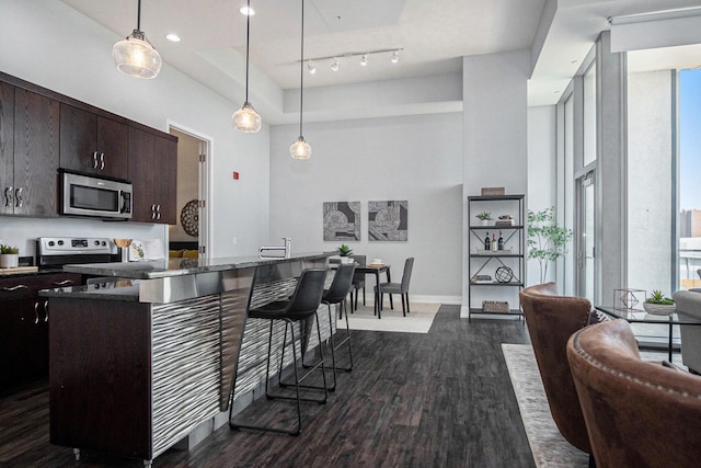 335 Bridge St NW Unit 500, Grand Rapids, MI 49504 - kitchen with stainless steel microwave, dark wood-style floors, electric stove, plenty of natural light, and a towering ceiling