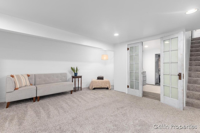 3020 Cascade Rd SE, Grand Rapids, MI 49506 - living area featuring stairway, carpet flooring, recessed lighting, and french doors