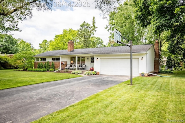 28441 Westerleigh Rd, Farmington, MI 48334 - single story home featuring a chimney, asphalt driveway, a garage, a front yard, and a porch