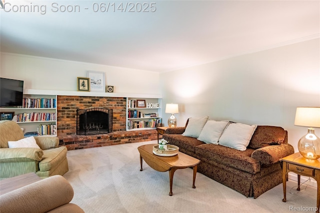 28441 Westerleigh Rd, Farmington, MI 48334 - living room with carpet floors, crown molding, and a brick fireplace