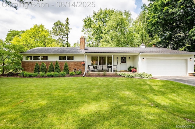 28441 Westerleigh Rd, Farmington, MI 48334 - view of front of house featuring a chimney, asphalt driveway, a porch, a garage, and a front lawn
