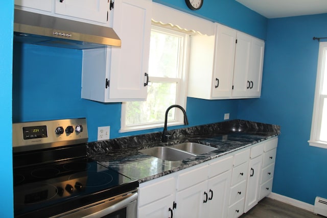 6994 E 34th Rd, Cadillac, MI 49601 - kitchen with electric range, under cabinet range hood, a sink, and white cabinets