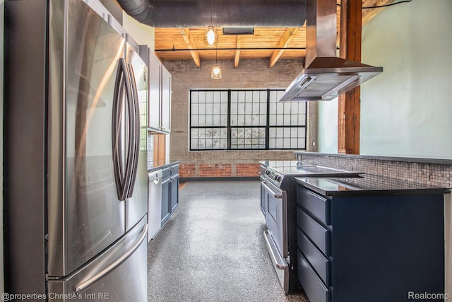 6533 E Jefferson Unit 427, Detroit, MI 48207 - kitchen featuring appliances with stainless steel finishes, ventilation hood, dark countertops, a wood ceiling with exposed beams, and brick wall