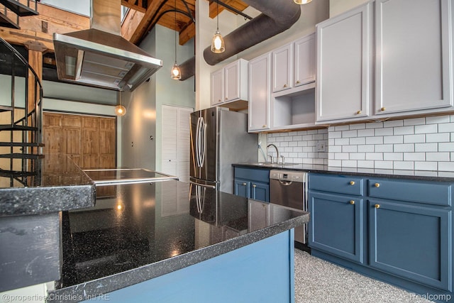 6533 E Jefferson Unit 427, Detroit, MI 48207 - kitchen featuring blue cabinets, stainless steel appliances, open shelves, wall chimney range hood, and tasteful backsplash