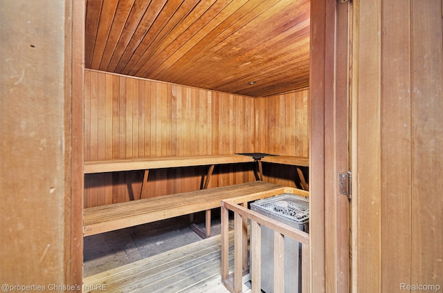 6533 E Jefferson Unit 427, Detroit, MI 48207 - relaxing sauna / steam room featuring wooden ceiling, wooden walls, and wood-type flooring