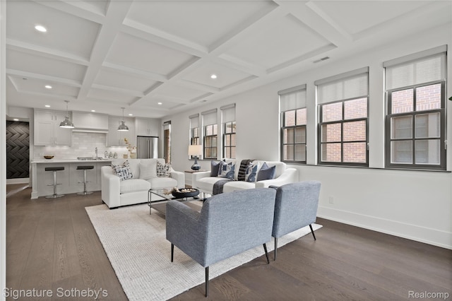 932 W 11 Mile Rd, Royal Oak, MI 48067 - living room featuring dark wood finished floors, coffered ceiling, baseboards, recessed lighting, and beam ceiling
