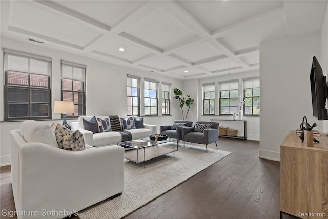 932 W 11 Mile Rd, Royal Oak, MI 48067 - living area with dark wood-type flooring, baseboards, recessed lighting, beam ceiling, and coffered ceiling