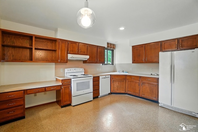 7658 Salter Ct, Temperance, MI 48182 - kitchen featuring white appliances, under cabinet range hood, light countertops, built in desk, and recessed lighting