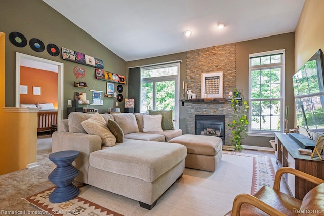 400 Cherry Grove Rd, Canton, MI 48188 - living room featuring vaulted ceiling and a stone fireplace