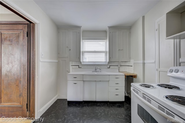1722 W Farnum Ave, Royal Oak, MI 48067 - kitchen with white range with electric stovetop, a sink, light countertops, decorative backsplash, and baseboards