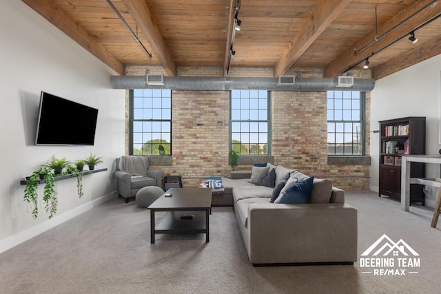 940 Monroe Ave NW Unit 335, Grand Rapids, MI 49503 - carpeted living room with rail lighting, wooden ceiling with exposed beams, baseboards, and brick wall