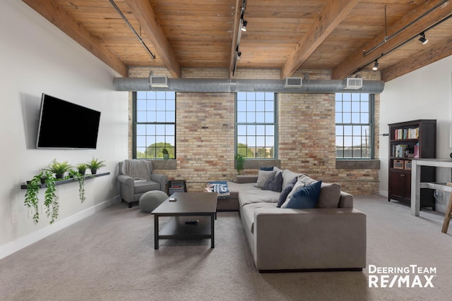 940 Monroe Ave NW Unit 335, Grand Rapids, MI 49503 - living room with track lighting, a wood ceiling with exposed beams, carpet, and brick wall