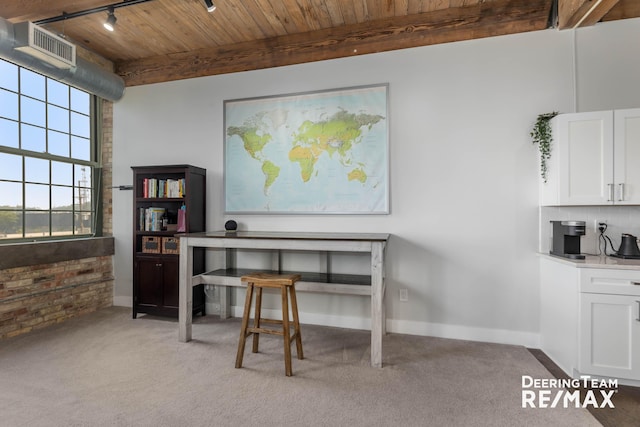 940 Monroe Ave NW Unit 335, Grand Rapids, MI 49503 - office featuring a wooden ceiling with exposed beams, light carpet, brick wall, and rail lighting