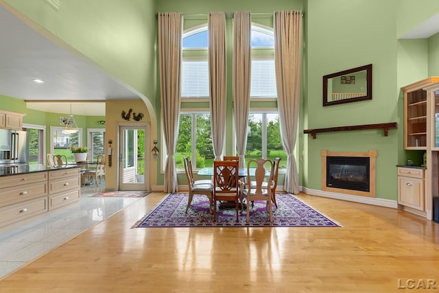 1269 Scott Ridge Dr, Adrian, MI 49221 - dining room with a towering ceiling, light wood-type flooring, a glass covered fireplace, and baseboards