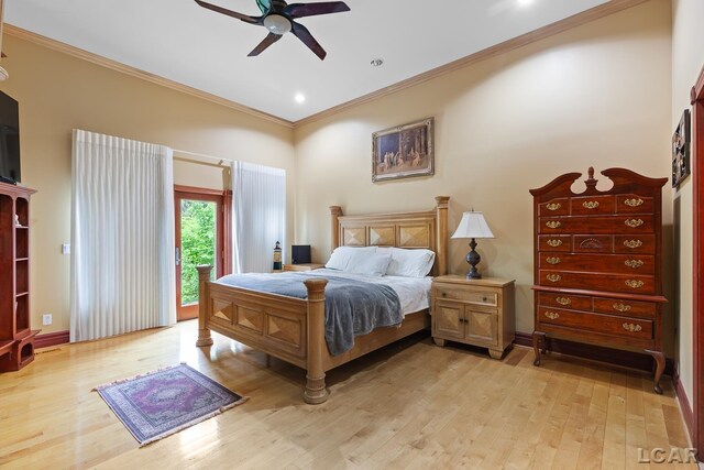 1269 Scott Ridge Dr, Adrian, MI 49221 - bedroom featuring access to outside, crown molding, light wood-type flooring, and a ceiling fan