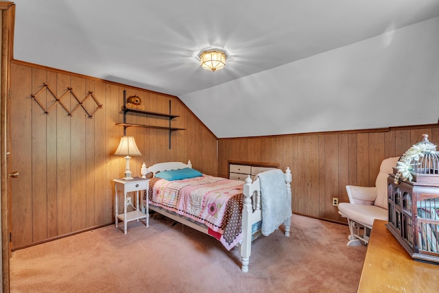 2006 W Rose Center Rd, Holly, MI 48442 - carpeted bedroom featuring wooden walls and vaulted ceiling