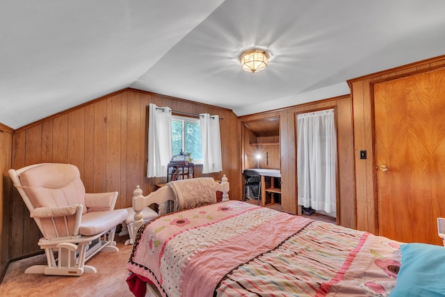 2006 W Rose Center Rd, Holly, MI 48442 - bedroom featuring wood walls, light colored carpet, and lofted ceiling