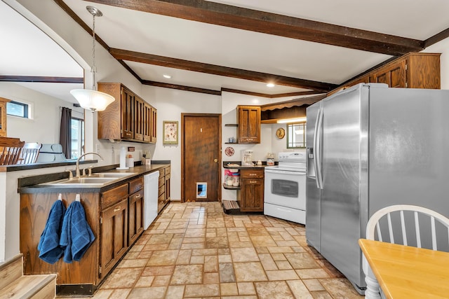 2006 W Rose Center Rd, Holly, MI 48442 - kitchen with white appliances, a sink, open shelves, beam ceiling, and stone tile flooring