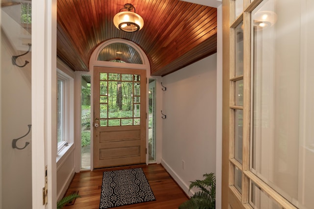 8562 W R Ave, Kalamazoo, MI 49009 - doorway featuring wood ceiling, lofted ceiling, baseboards, and wood finished floors