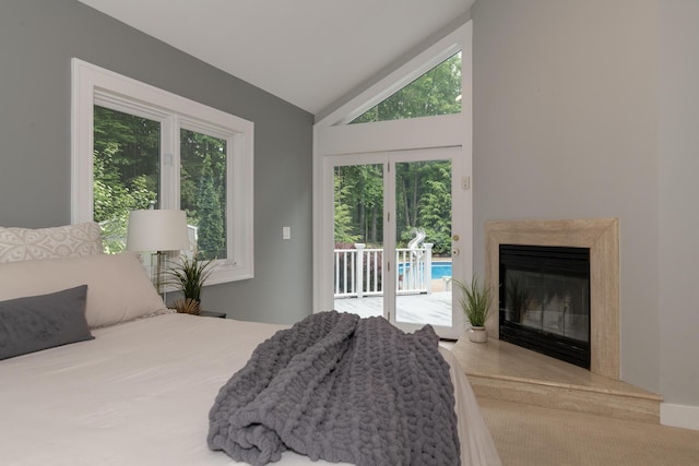8562 W R Ave, Kalamazoo, MI 49009 - bedroom with access to outside, vaulted ceiling, and a high end fireplace