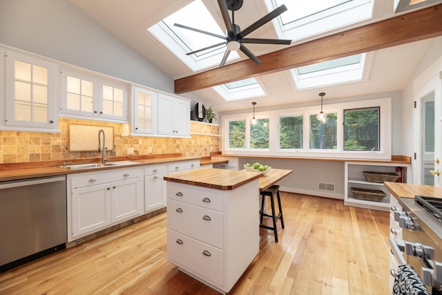 8562 W R Ave, Kalamazoo, MI 49009 - kitchen with wooden counters, a skylight, stainless steel appliances, lofted ceiling, and a sink