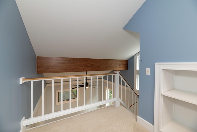 8562 W R Ave, Kalamazoo, MI 49009 - hall with carpet flooring, an upstairs landing, lofted ceiling, and baseboards