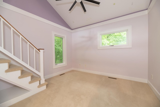 8562 W R Ave, Kalamazoo, MI 49009 - carpeted empty room featuring lofted ceiling, ceiling fan, stairway, and baseboards