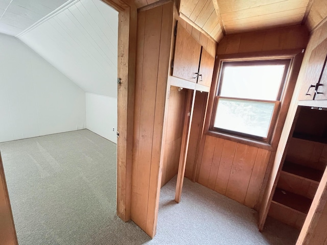 15522 Kimball Rd, Trufant, MI 49347 - hall with light carpet, lofted ceiling, and wood walls