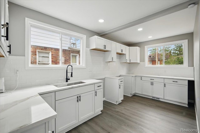 18287 Santa Rosa Dr, Dearborn, MI 48221 - kitchen with a sink, light stone countertops, tasteful backsplash, recessed lighting, and white cabinets