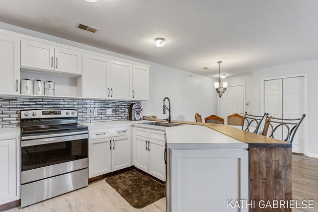 5869 Crosswinds Dr Unit 21, Norton Shores, MI 49444 - kitchen with stainless steel range with electric stovetop, a sink, light wood finished floors, and tasteful backsplash
