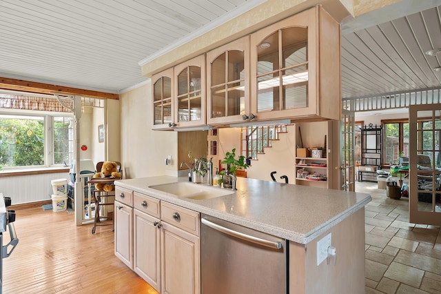 122 N Robinson St, Schoolcraft, MI 49087 - kitchen featuring dishwasher, a sink, crown molding, light brown cabinetry, and light countertops