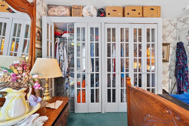 122 N Robinson St, Schoolcraft, MI 49087 - doorway to outside with wallpapered walls, carpet, and french doors