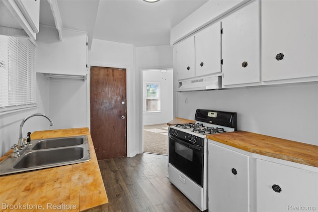 4387 Pingree St, Detroit, MI 48204 - kitchen featuring gas stove, a sink, under cabinet range hood, white cabinetry, and dark wood-style floors