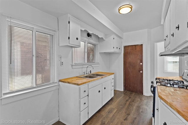 4387 Pingree St, Detroit, MI 48204 - kitchen featuring butcher block countertops, a sink, gas stove, and white cabinets